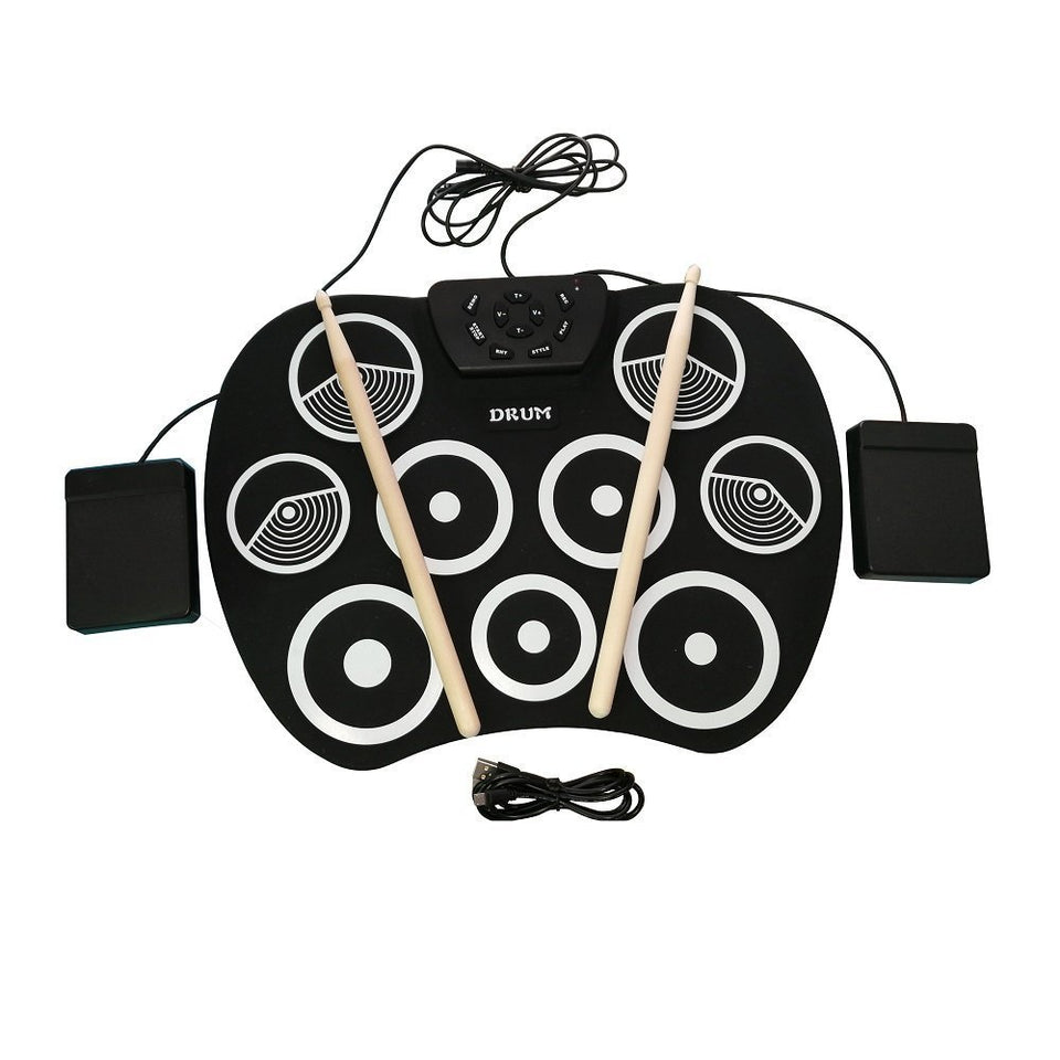 El tambor electrónico digital, rueda para arriba los kits del cojín de tambor construidos en altavoz 9 almohadilla el instrumento plegable portable de la práctica con 2 pedales del pie y el tambor pega el USB
