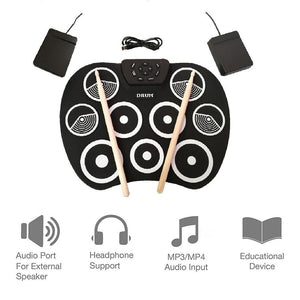 El tambor electrónico digital, rueda para arriba los kits del cojín de tambor construidos en altavoz 9 almohadilla el instrumento plegable portable de la práctica con 2 pedales del pie y el tambor pega el USB