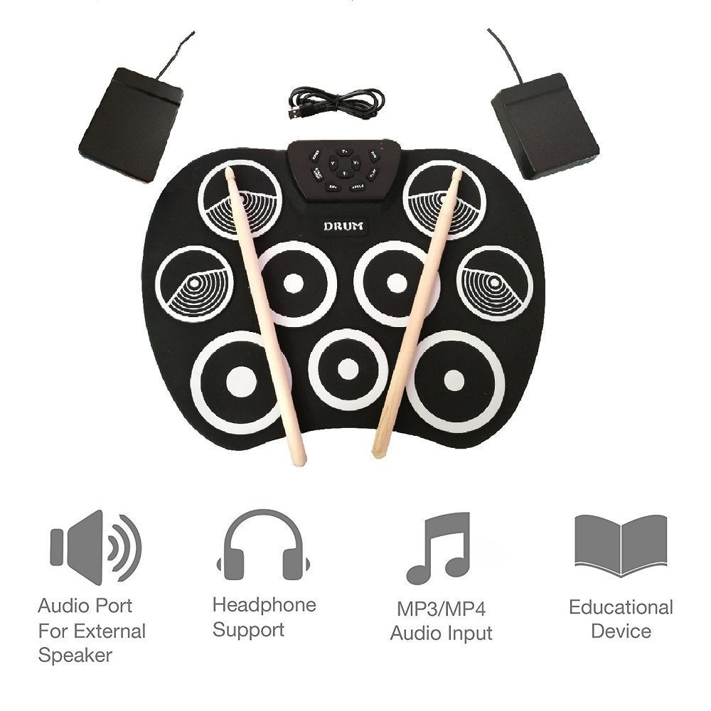 El tambor electrónico digital, rueda para arriba los kits del cojín de tambor construidos en altavoz 9 almohadilla el instrumento plegable portable de la práctica con 2 pedales del pie y el tambor pega el USB