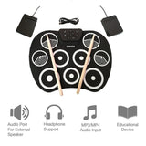 El tambor electrónico digital, rueda para arriba los kits del cojín de tambor construidos en altavoz 9 almohadilla el instrumento plegable portable de la práctica con 2 pedales del pie y el tambor pega el USB